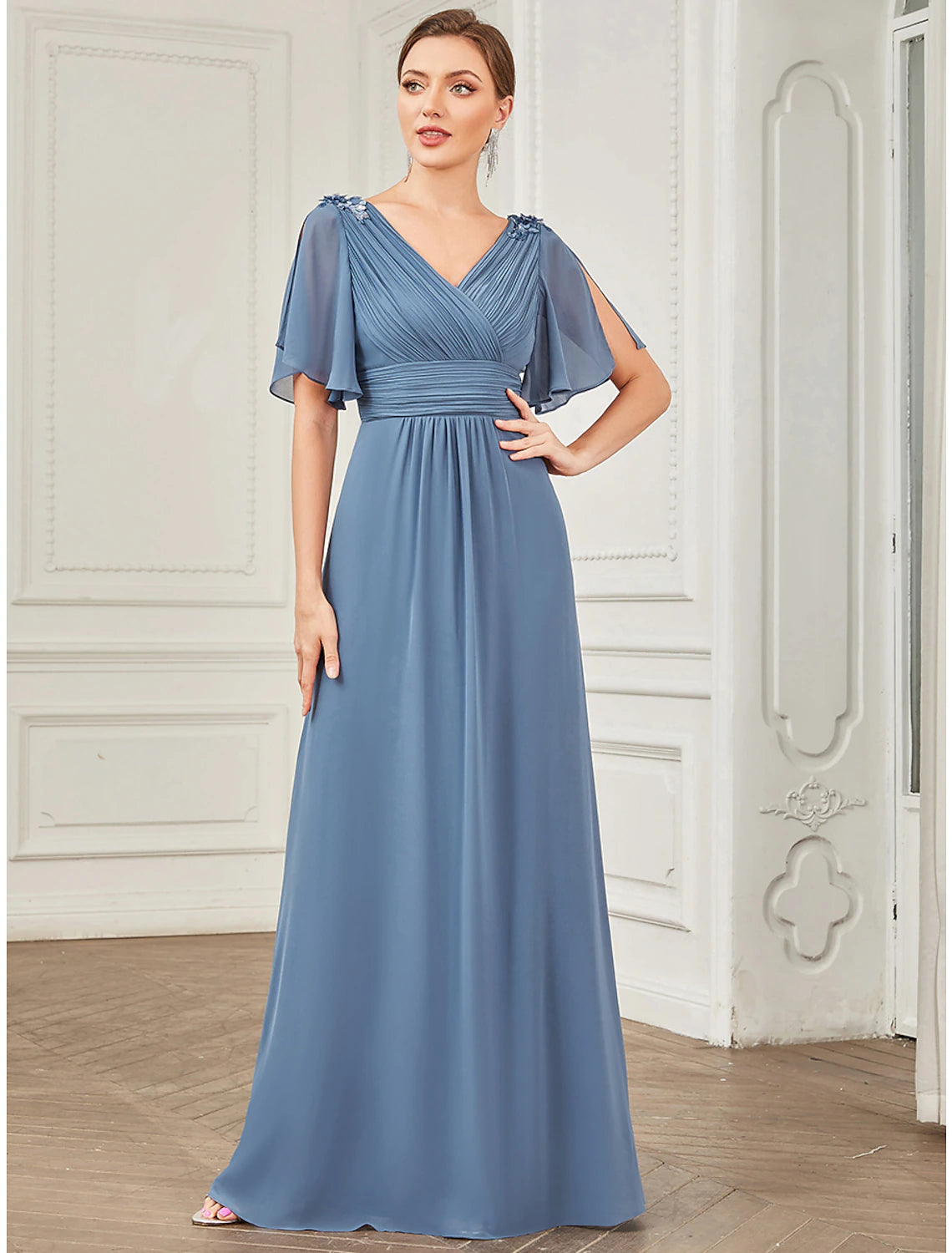 A-Line Prom Dresses Party Dress Wedding Guest Prom Floor Length Short Sleeve V Neck Bridesmaid Dress Chiffon with Ruched Appliques